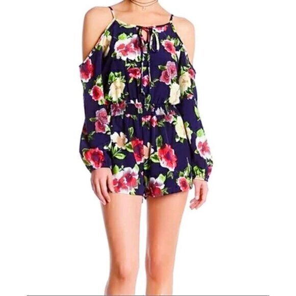 Peach Love Womens Off Shoulder Floral Short Romper Spaghetti Strap Long Sleeve L - Picture 1 of 6